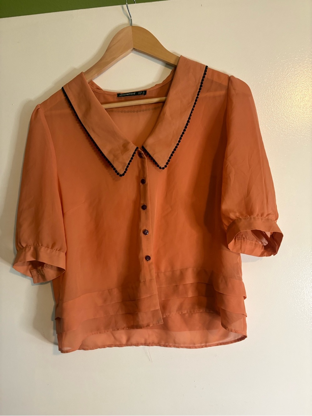 Atmosphere Coral-Orange Chiffon Button Blouse with Contrast Trim